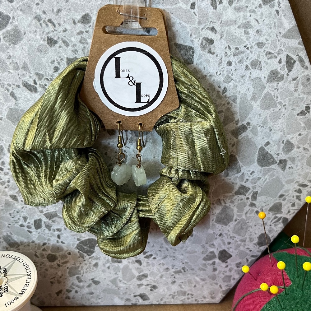Handmade Olive Green Scrunchie with Matching Earrings Set